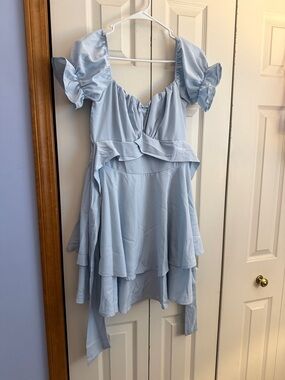 Light Blue Ruffled Mini Dress with Puff Sleeves